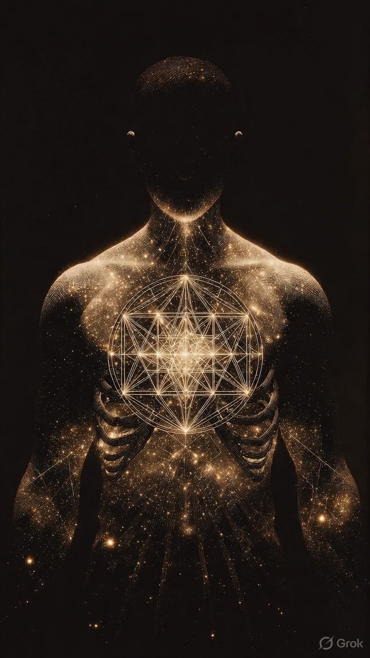 A silhouetted body filled with stardust; a luminous geometric jewel ignited at the heart. The Sacred Power Geometry has been set into the cells.