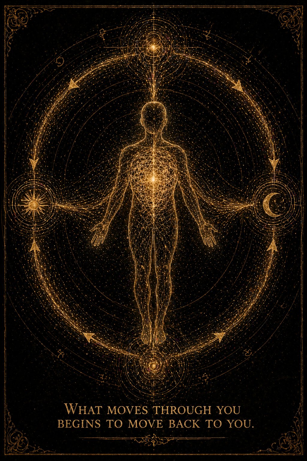 A figure inside an orbital geometry; sun and moon at the cardinal points; the inscription: WHAT MOVES THROUGH YOU BEGINS TO MOVE BACK TO YOU.