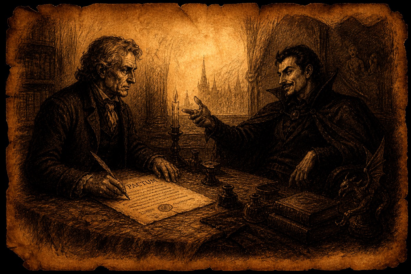 A scholar at his desk by candlelight; across from him a robed figure leans in to make an offer. Distant cathedral spires through the window.