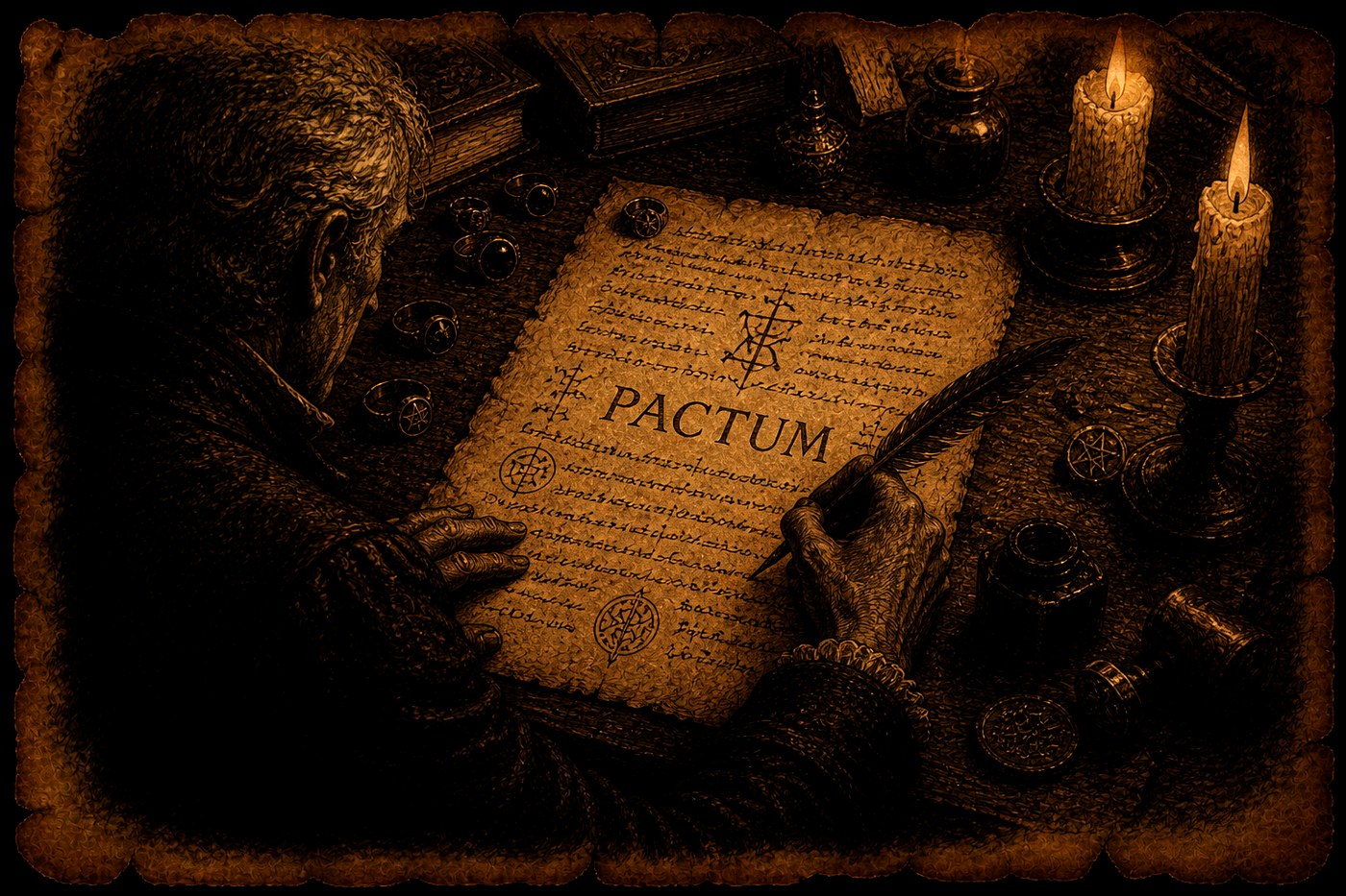 The pact is being inscribed by hand. The PACTUM scroll, rings carved with pentacles, two candles, an ink-pot. The scholar bends over the page.