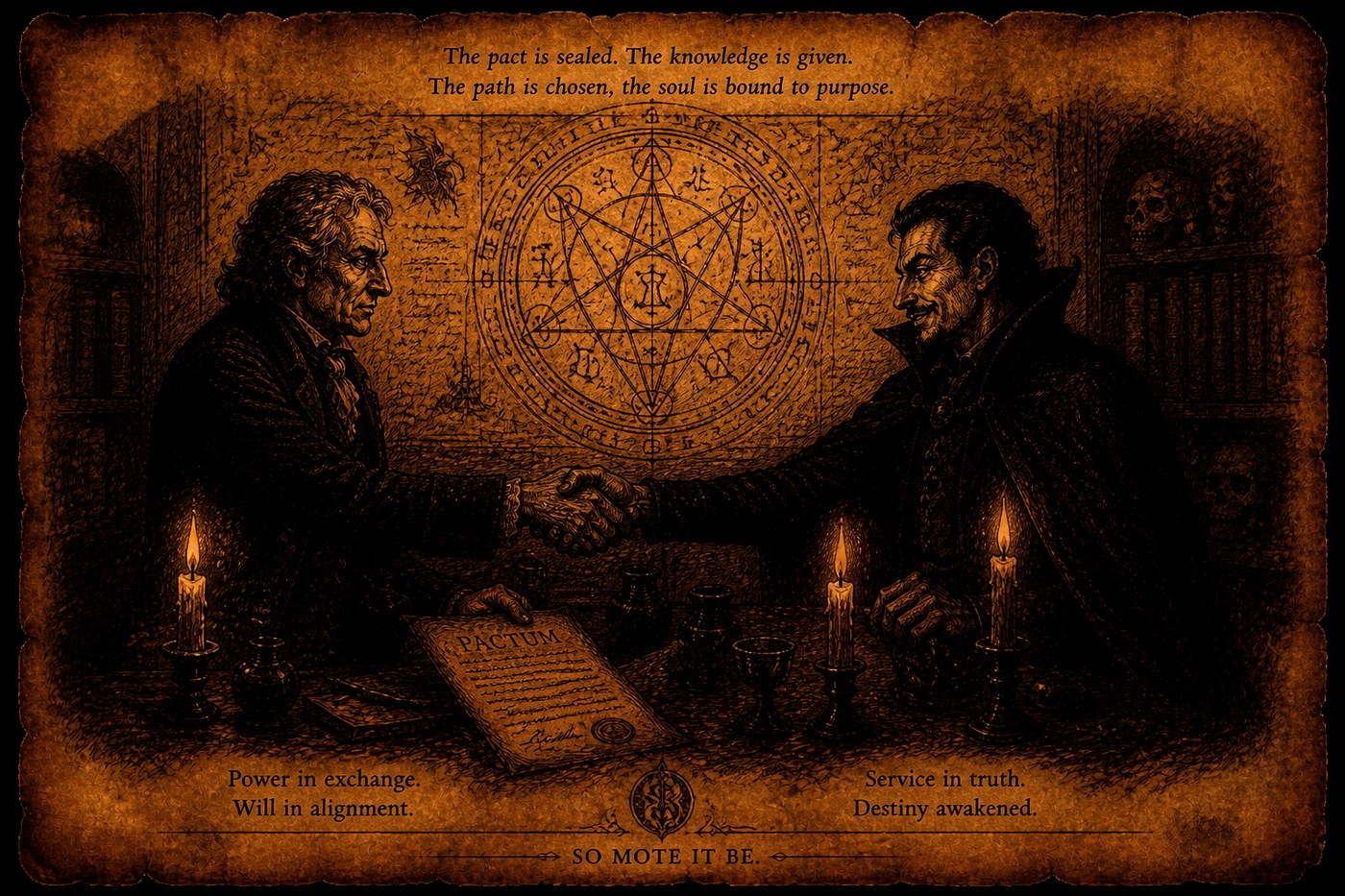 The handshake across the pentacle, the scroll between them, two candles, the inscription above: The pact is sealed. The knowledge is given. The path is chosen, the soul is bound to purpose. SO MOTE IT BE.