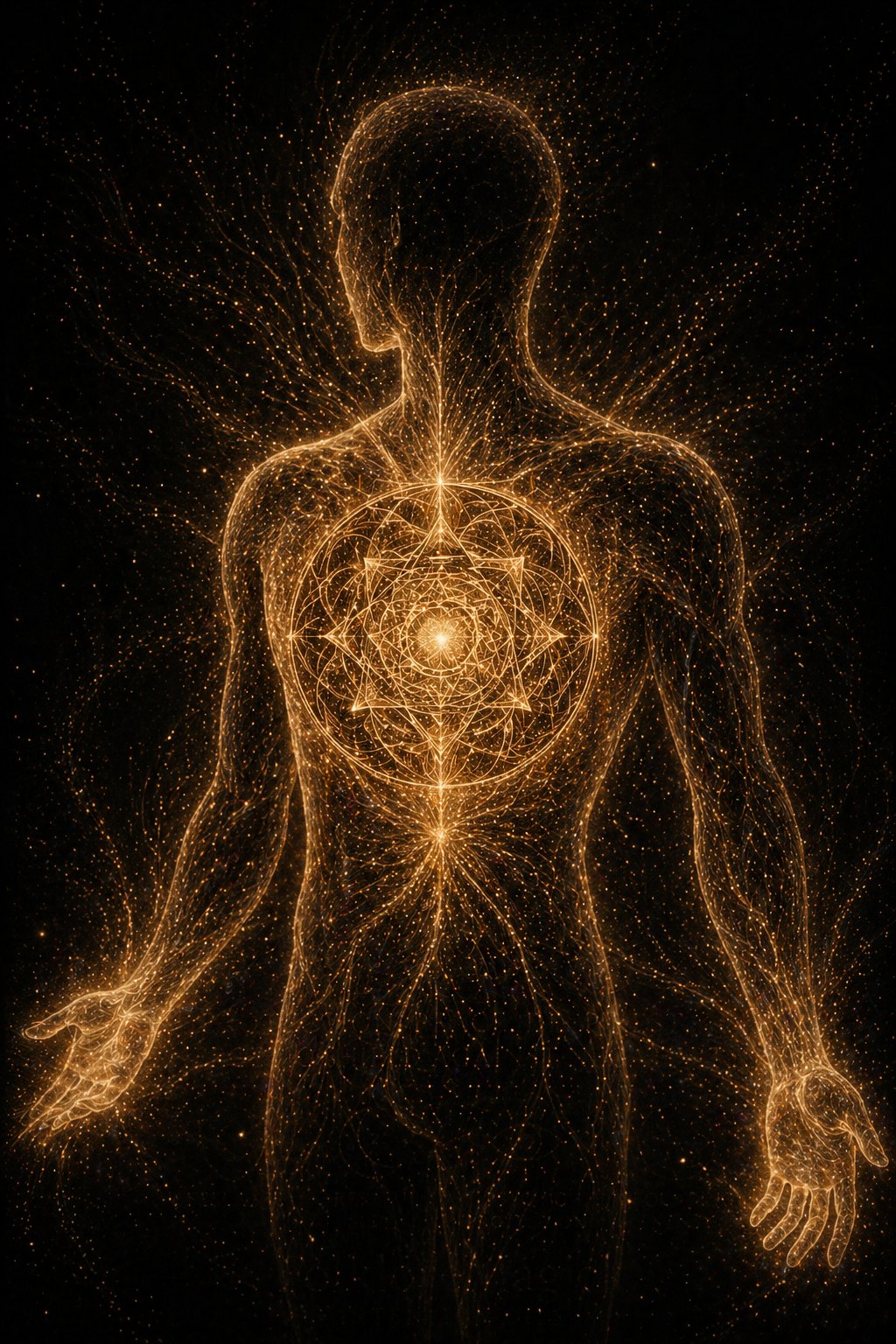 A full-body filament figure; gold light running through every limb and nerve; the heart-seal lit at the centre. The body itself has become the doorway.