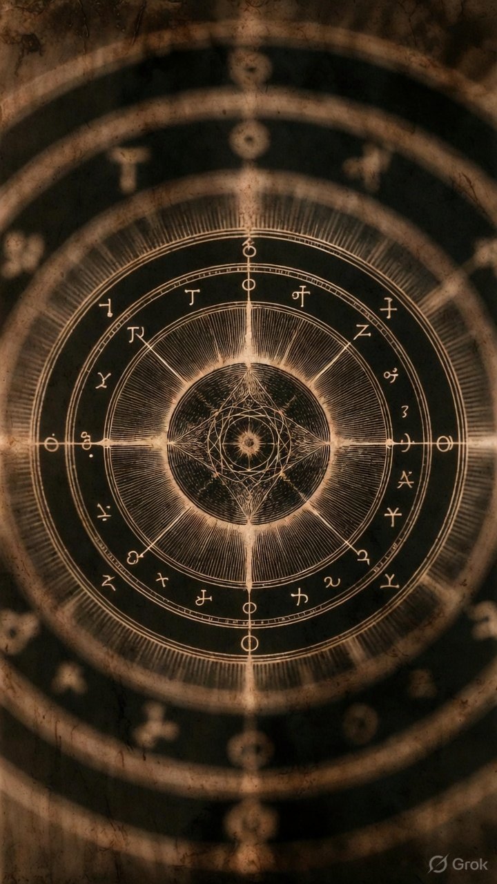 A sigil-wheel inscribed on aged parchment in sepia and bone-gold; concentric rings of glyphs around a central diamond-cut seal. The activation has started.