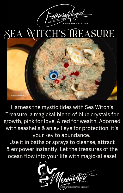 Sea Witch's Treasure — The bath that opens the gate. Crystals, shells, the eye that turns the room toward you.