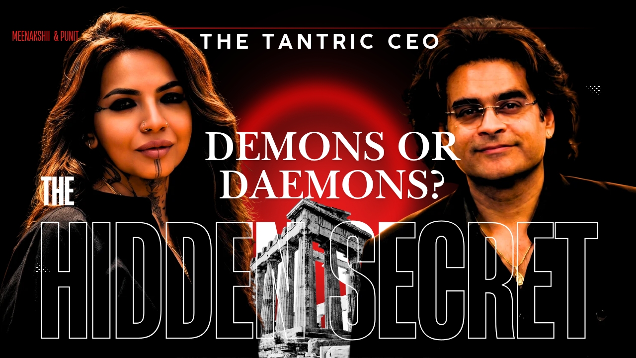 The Tantric CEO — series poster: Meenakshii and Punit framed against a Greek temple ruin